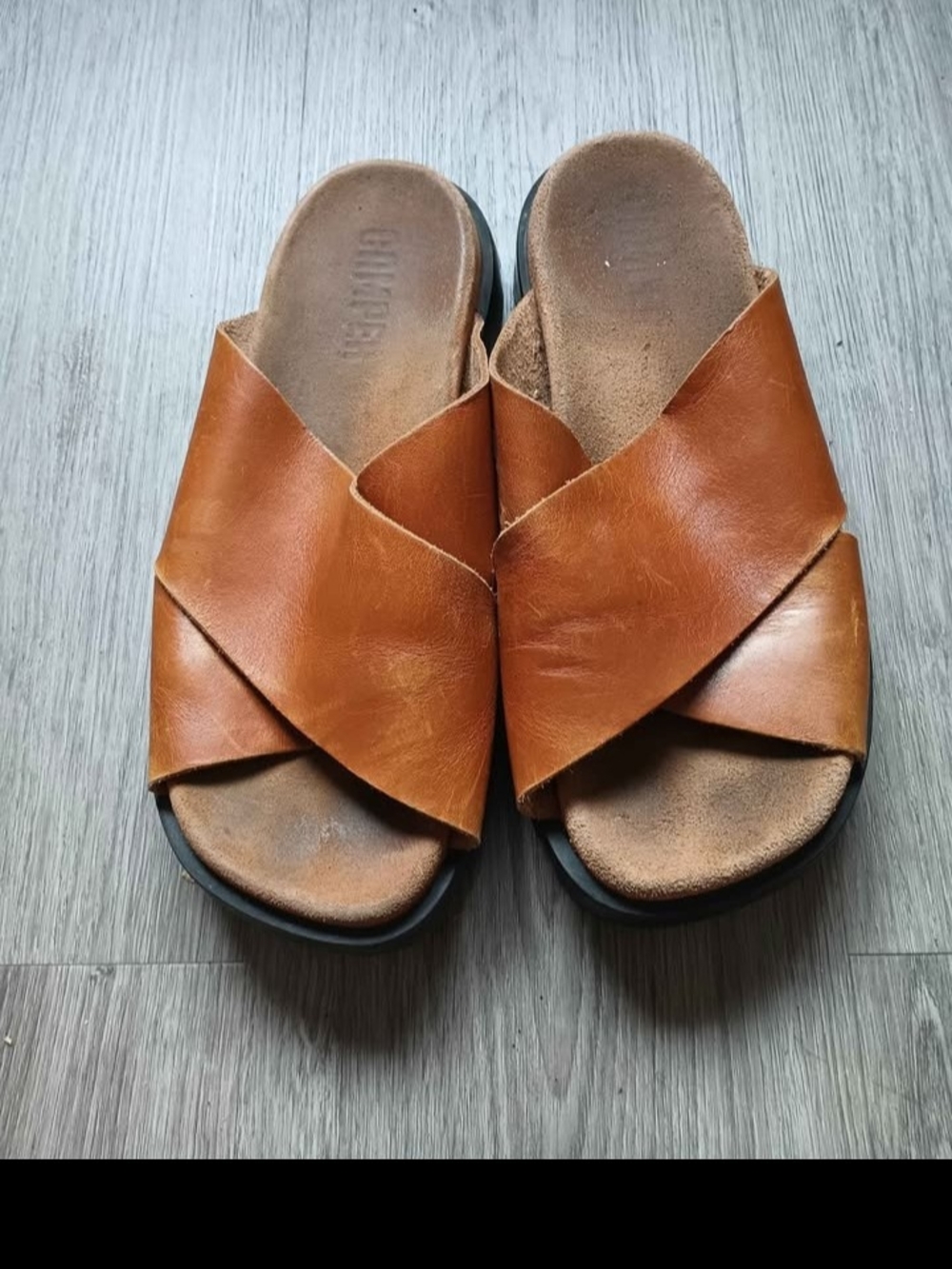 Camper Women's Tan Leather Cross-Strap Slide Mules